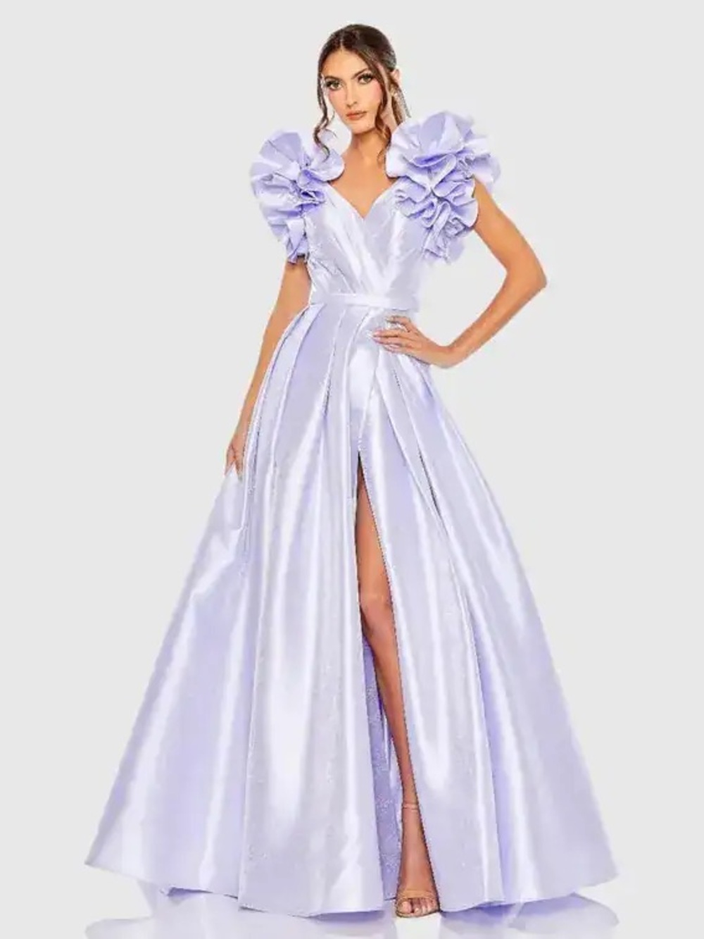 Mac Duggal Lilac Satin V-Neck Ball Gown with Statement Puff Sleeves